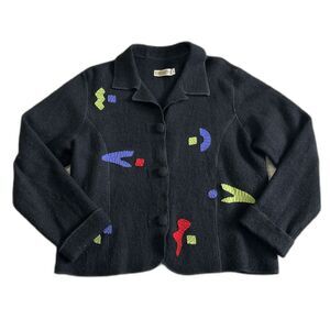 CanvasBacks Blazer Jacket Womens Medium Black Artsy Art To Wear Button Wool